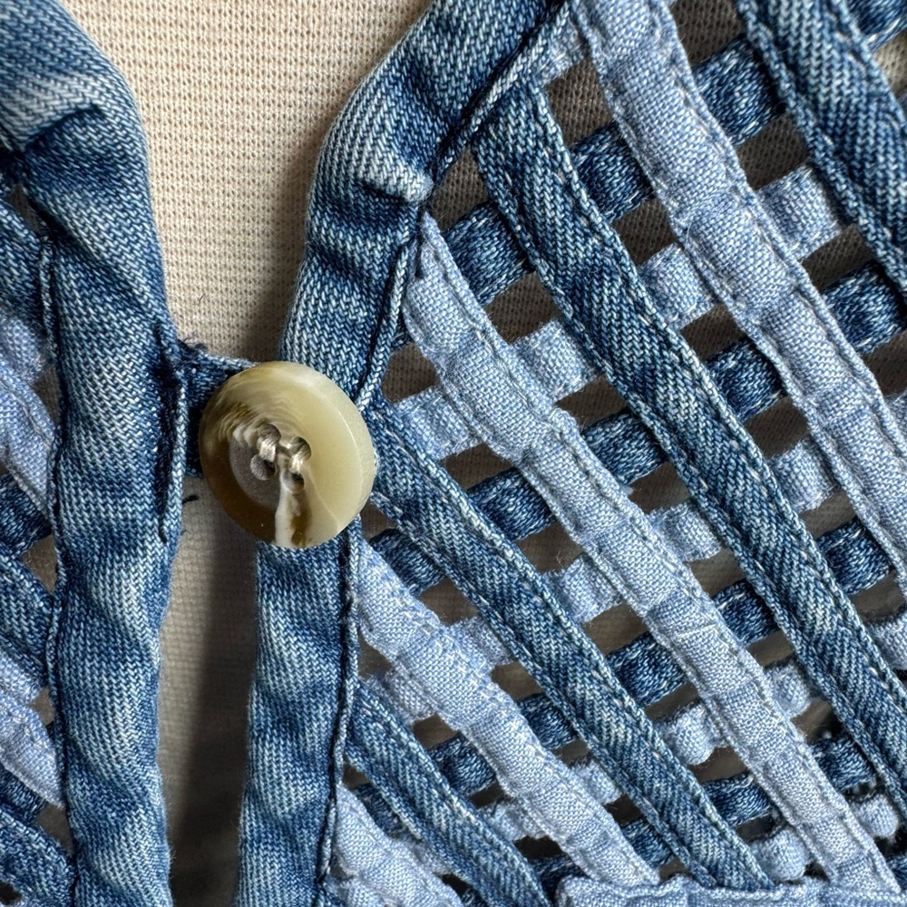 Vintage Floral Embroidered Denim Vest Cottagecore open weave patchwork medium - Picture 2 of 11